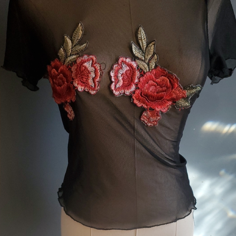 Chic Black Sheer Top with Red Floral Design - Picture 5 of 8